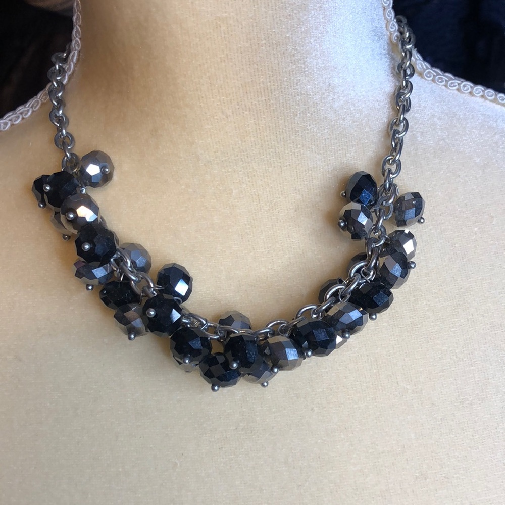 Silver chain necklace with gray, silver and black beads